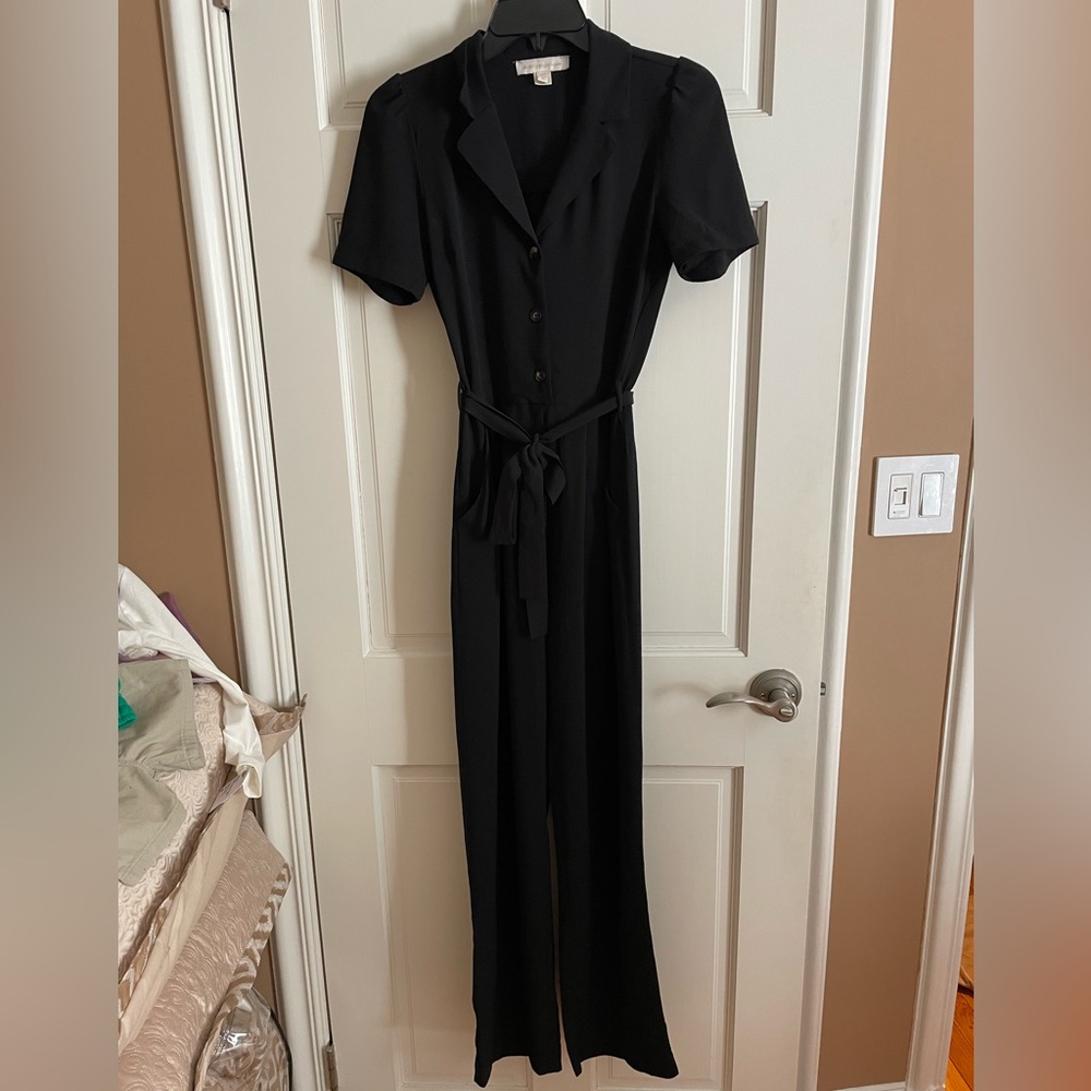 Black Short Sleeve Button-Front Jumpsuit with Tie Waist
